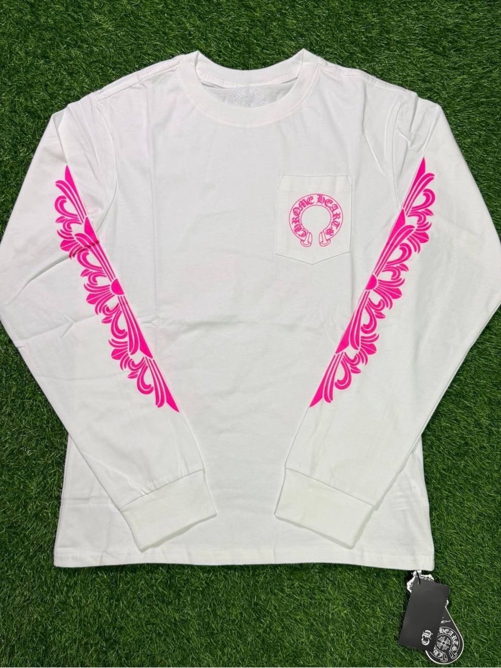 Chrome Hearts White Long Sleeve Tee with Pink Sleeve Graphics